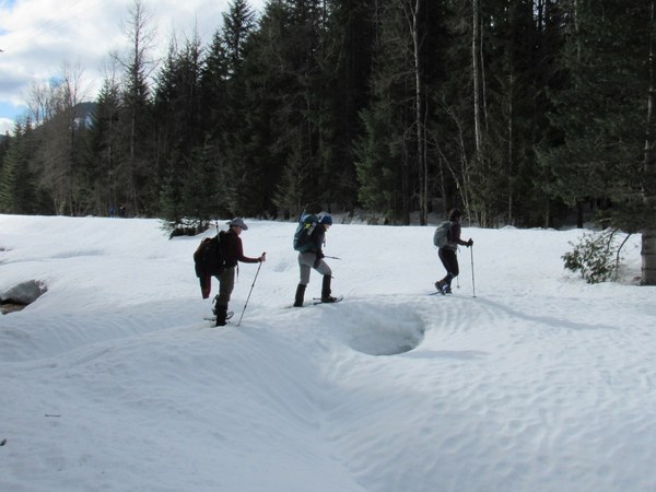 Three people cross a creek in snow.
