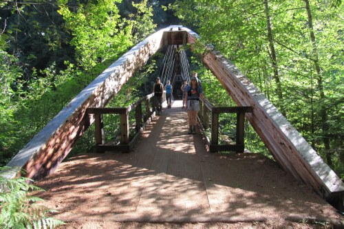 Bridge with six hikers posing