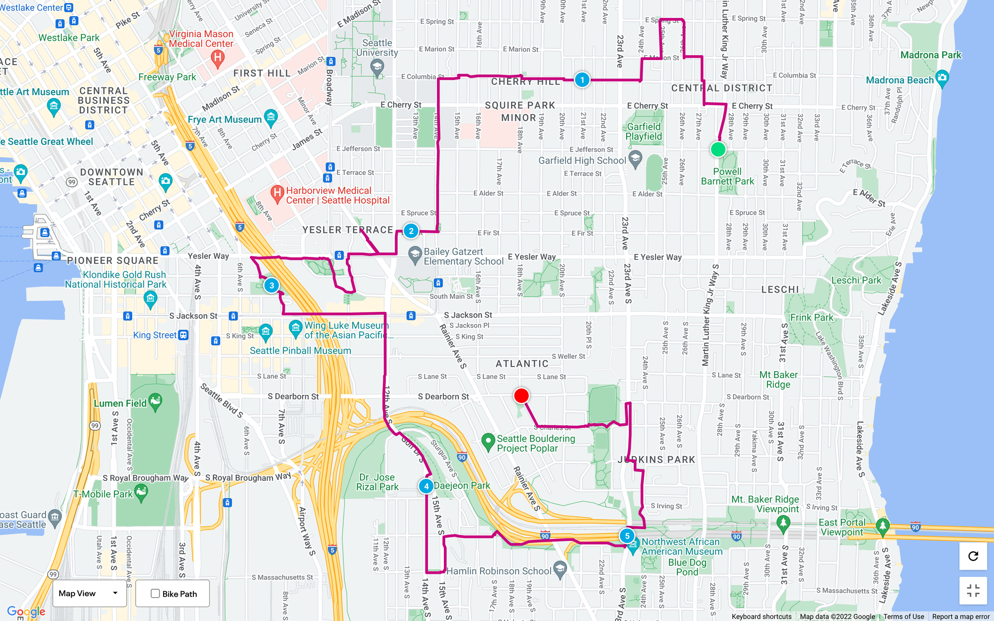 Route Map of Seattle's P-Patches: Central District to I-90