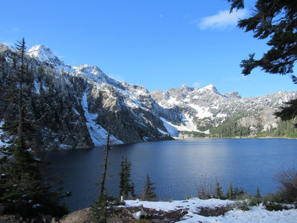 Snowy mountains and an alpine lake.