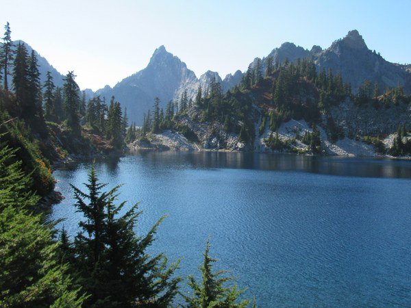 Lake with mountain peaks behind