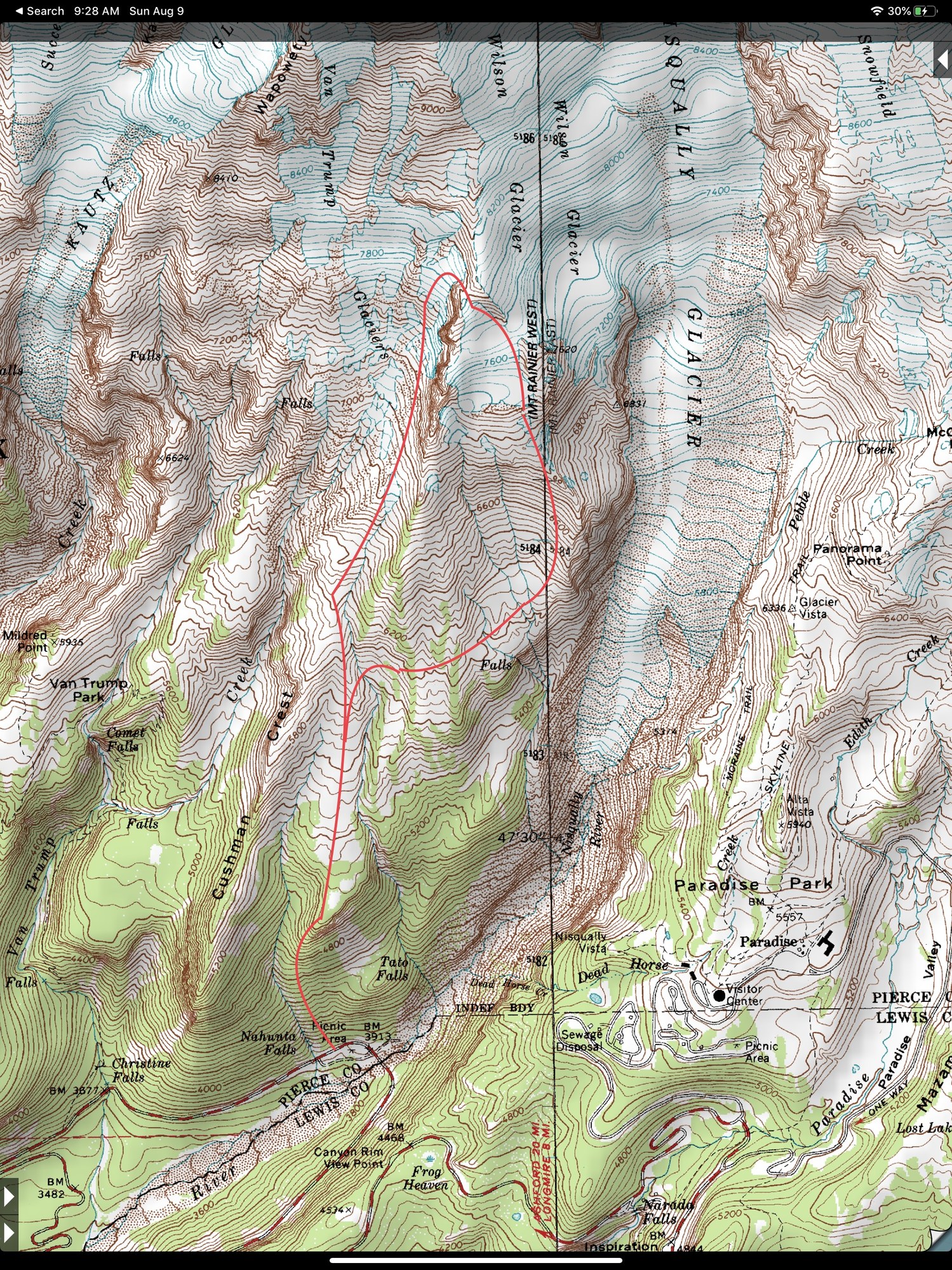 A topo map with the Cushman Crest—Wilson Cleaver Traverse route create by Dave Morgan Aug 2020.