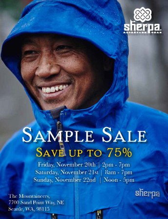 Sherpa Adventure Gear Sample Sale - Nov 20-22