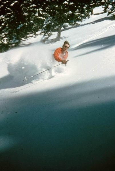 John Hansen skiing powder on skinny skis